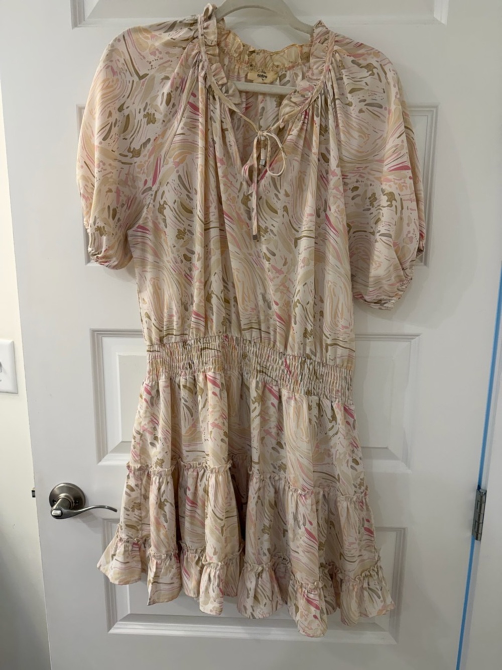 Entro Cream, Pink & Sage Marble-Print Ruffle Tie Mini Dress